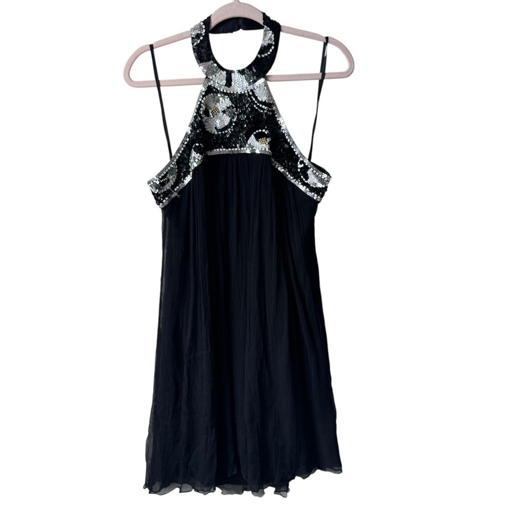 Vintage NINA AUSTIN Black Silk Chiffon Sequin Halter Shift Mini Dress Women's L